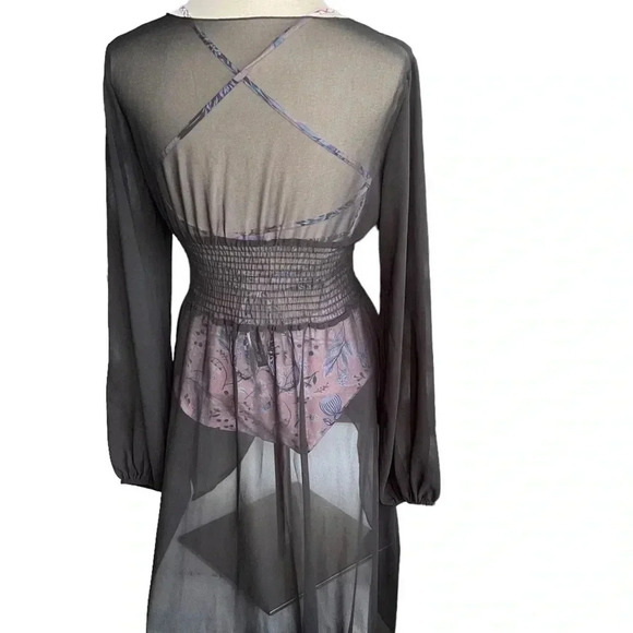 Black Asymmetrical Deep-V Sheer Swim Coverup Dress with Elastic Waist- Medium - Picture 2 of 10